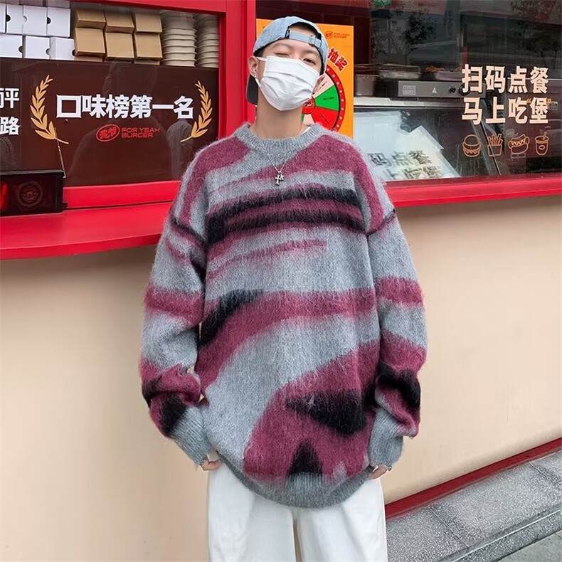 美式潮撞色条纹慵懒风男冬季宽松复古新款马海毛针织毛衣图片
