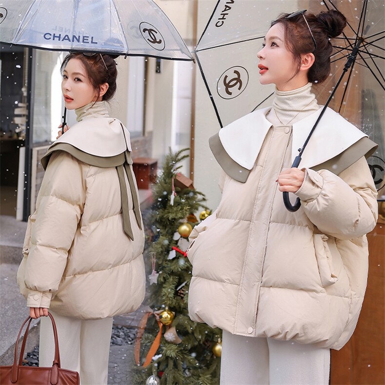 2024年冬季90白鸭绒拼接特色娃娃领气质淑女韩版羽绒服女，女装羽绒服，韩蜜菓