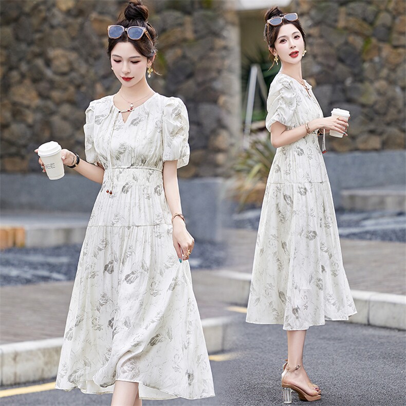 2024夏装新款收腰显瘦碎花雪纺连衣裙女夏中长款裙子仙女气质优雅,女装连衣裙,贵人树