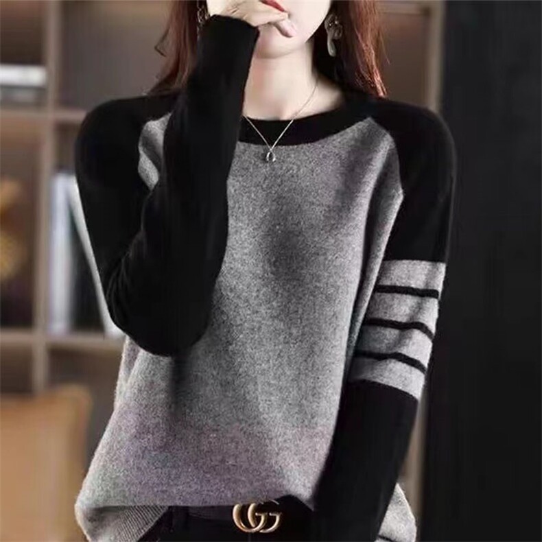 长袖2024年秋季圆领套头条纹拼接简约针织衫，女装针织衫/毛衣，萱芳婷羊绒