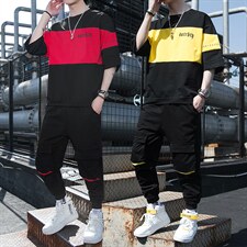 新款夏季短袖宽松T恤套装男装潮牌时尚休闲两件套体恤F12P68，男装休闲套装，电商A086