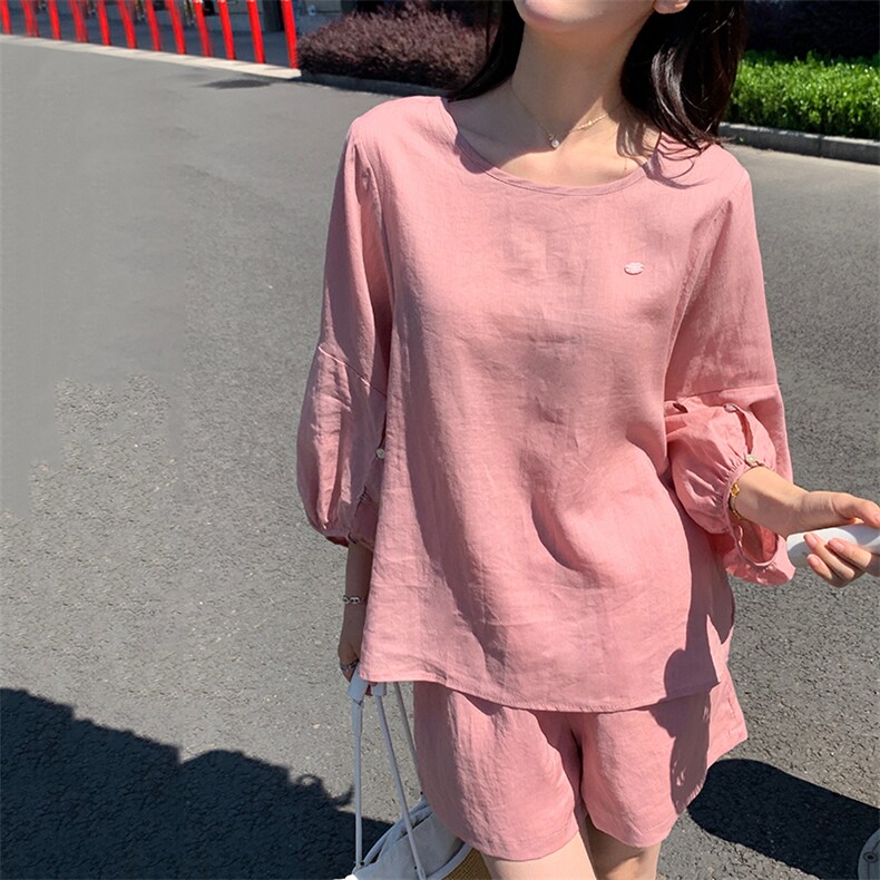 粉色休闲减龄套装女夏季2025年新款小个子薄款圆领上衣短裤两件套,女装套装/套裙,2C292