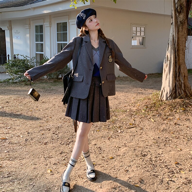 学院风西装套装女2025春季新款小香风爆款减龄超火百褶短裙两件套,女装套装/套裙,2D073