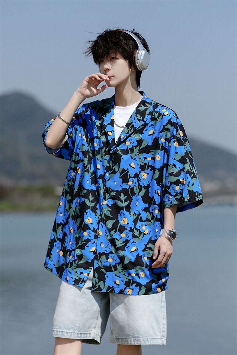 8XL-M冰丝凉感衬衣垂感透气复古花纹宽松男五分袖短袖衬衫CS526,男装衬衫,电商D206-1