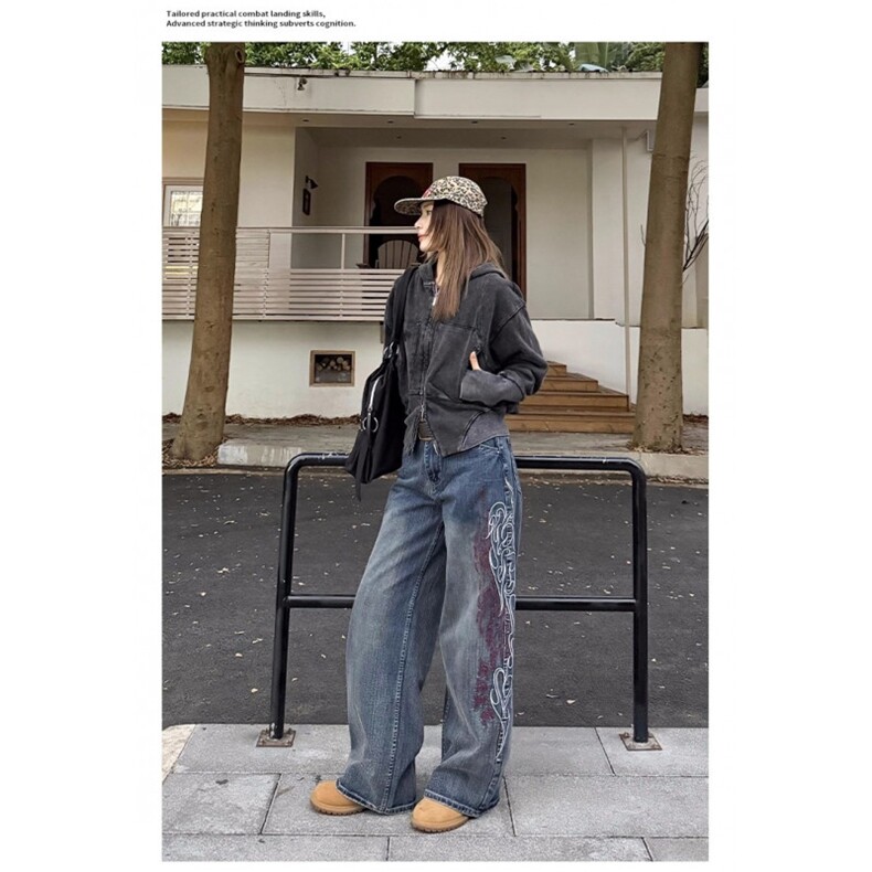 美式复古刺绣宽松直筒竹节纹牛仔裤男女阔腿街头cleanfit长裤潮,男装牛仔裤,四季星座505