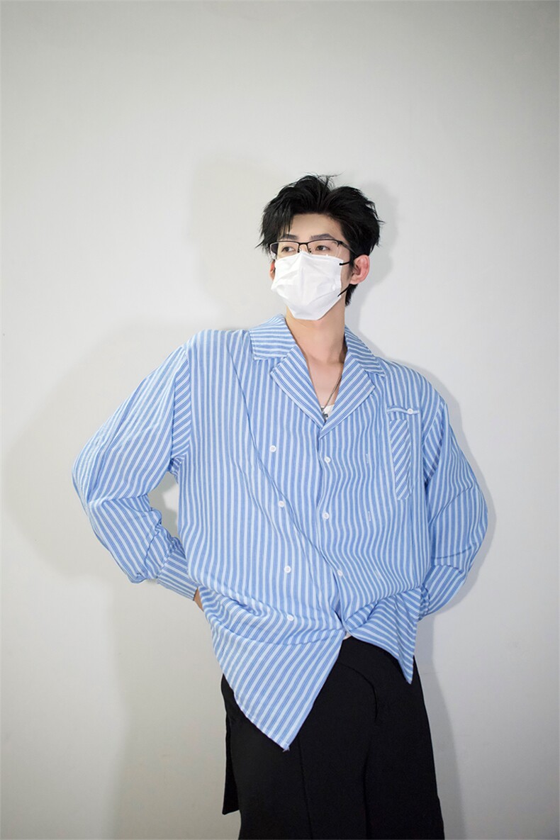 明星私服撕漫男衬衫外套学院风男大竖条纹衬衫翻领外套P45,男装衬衫,电商B319