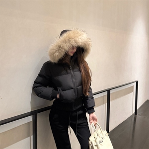 美式复古白色毛领连帽棉服女冬季新款加厚保暖修身短款面包服外套