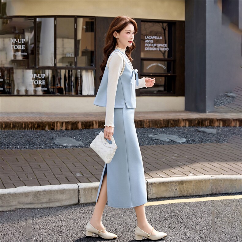 设计感洋气套装裙女2026冬新款拼接马甲打底衫半身裙三件套套装,女装套装/套裙,冬木谷雨