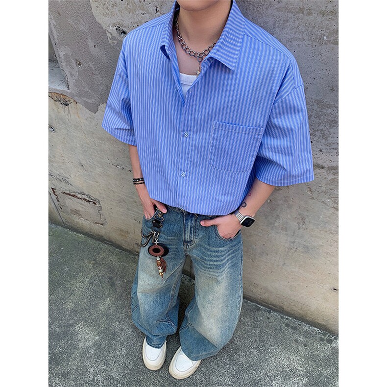 条纹短袖衬衫5X4002-TP3558夏季日系男宽松休闲衬衣青少年,男装衬衫,电商A102