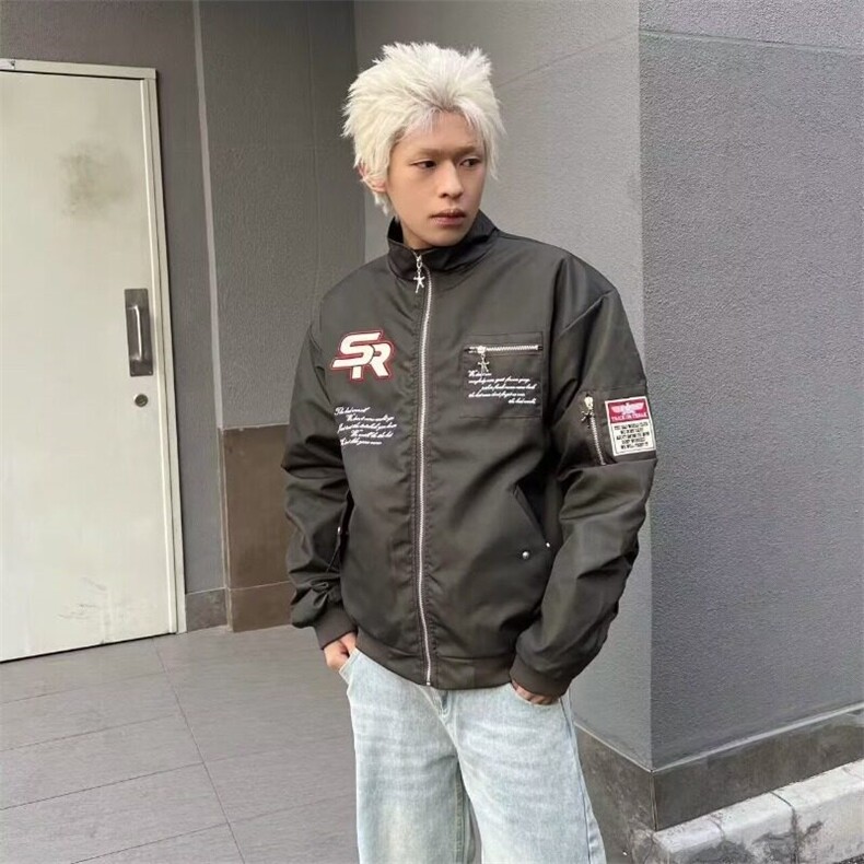 潮牌痞帅美式复古机车风男女教练飞行员夹克外套百搭刺绣棒球棉服,男装夹克,星座506A