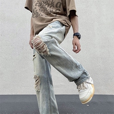 牛仔裤男夏季薄款美式高街vibe风破洞宽松休闲长裤N01099-P48，男装牛仔裤，星座308B-1