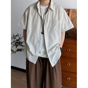 日系文艺风条纹长袖衬衫男春季潮流新款轻奢透气翻领衬衣CSY10图片