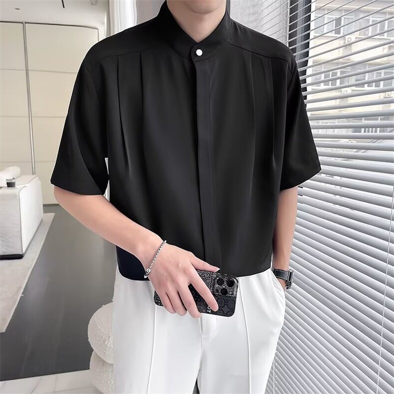 轻熟风~夏季中式立领五分袖衬衫网图,男装T恤,星座410-6（原星座1304-1）
