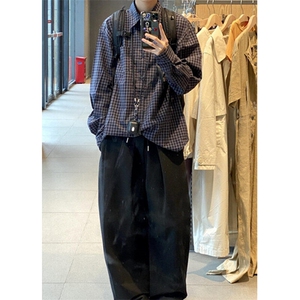 复古蓝色格子衬衫外套男女慵懒风宽松休闲松弛感衬衣外套 C39图片