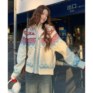 费尔岛连帽毛衣外套女秋冬圣诞拉链针织开衫外搭上衣 MY479图片