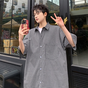 格子短袖衬衫男夏季新款港风宽松纯棉衬衣DX101-P35图片