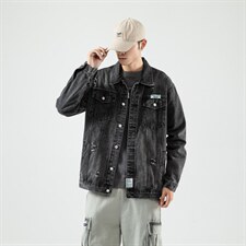 jk820-p85--限价128无影墙牛仔夹克肥仔秋款量足绣花印花大码图片