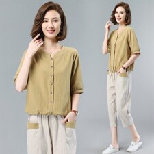 2021年夏季舒适修身纯色气质都市韩版简约宽松显瘦两件套装，女装套装/套裙，依恋蒂丝