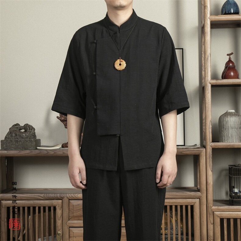 风男装棉麻男士立领唐装衬衫短袖改良新中式短袖X03P75,男装衬衫,钱塘802