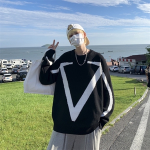 慵懒风拼色毛衣秋冬韩版男士针织衫bf潮流宽松情侣上衣 M601-P40图片