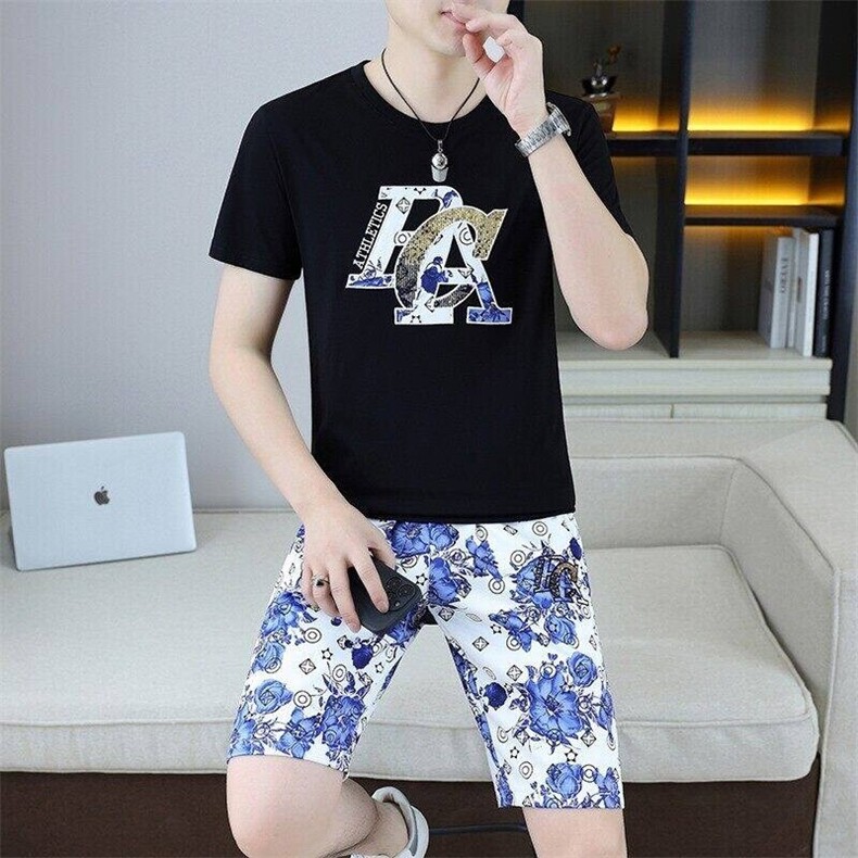 25363-P65夏季休闲T恤短裤男两件套欧货潮牌修身圆领短袖T恤套装,男装休闲套装,电商D310B-1