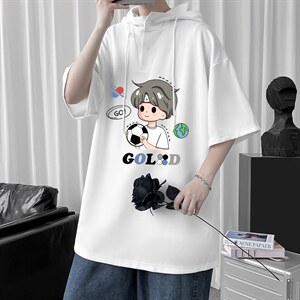 LD54207-P45 连帽短袖t恤男大码胖子带帽五分袖中袖图片
