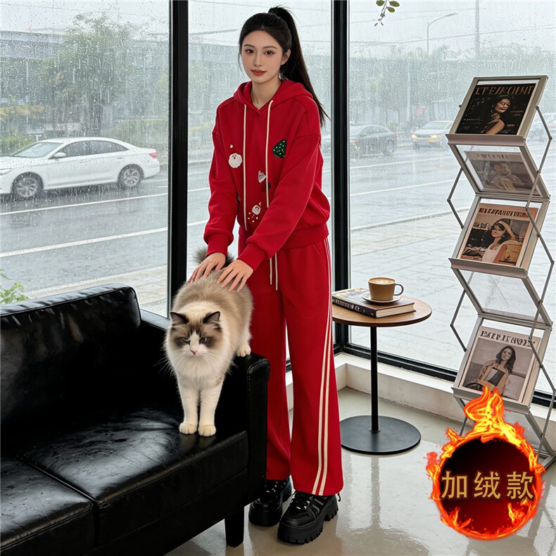 潮流休闲时尚套装女秋冬新款高级感卡通印花长袖卫衣直筒裤两件套,女装套装/套裙,江南