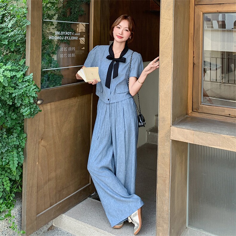 撞蓝色蝴蝶结小香风套装2025新款女初夏法式高级感大方得体两件套,女装套装/套裙,2C159