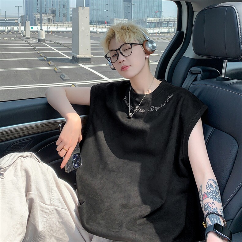 港风大码网红麂皮绒圆领无袖T恤背心男女XZ213-T070-P35控48,男装背心/马甲,星座213
