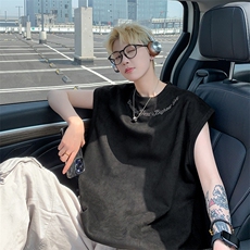 港风大码网红麂皮绒圆领无袖T恤背心男女XZ213-T070-P35控48，男装背心/马甲，星座213
