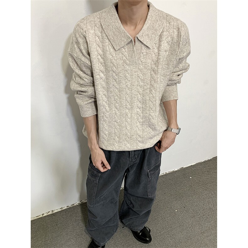 简约翻领混纺羊毛麻花毛衣cleanfitt老钱风男女保暖,男装针织衫/毛衣,星座410-6（原星座1304-1）