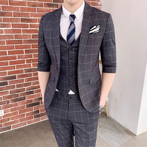 夏季帅气格子男装西服套装三件套礼服西装商务W8016-P255图片