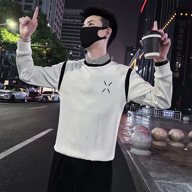 小清新假两件卫衣男潮流2024秋季新款衬衫领卫衣A368-WY1807,男装衬衫,电商A368
