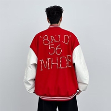 红色棒球服外套男女韩版潮流珍珠钉宽松2025春季ins夹克W6497-P73，男装夹克，星座412-3