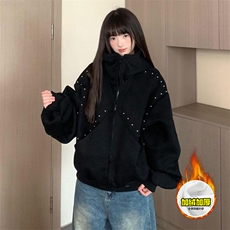 480G重磅加绒硬挺boxy男女美式高街卫衣铆钉杜宾犬耳朵开衫厚外套，女装短外套，电商A486