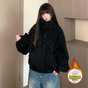 480G重磅加绒硬挺boxy男女美式高街卫衣铆钉杜宾犬耳朵开衫厚外套图片