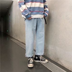 港风简约百搭毛边牛仔裤男宽松韩版潮直筒阔腿九分裤女N328图片