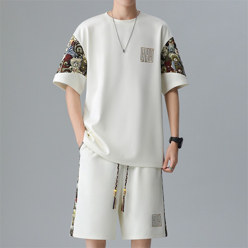 刺绣T恤一套潮夏季拼接男士休闲运动套装男宽松A266-TZ8807-P47,男装T恤,电商A266