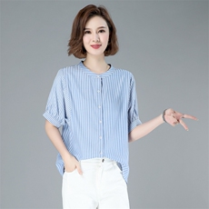 2024新款春夏七分袖条纹衬衫棉绸文艺复古大码圆领宽松中袖上衣，女装T恤，玛其路