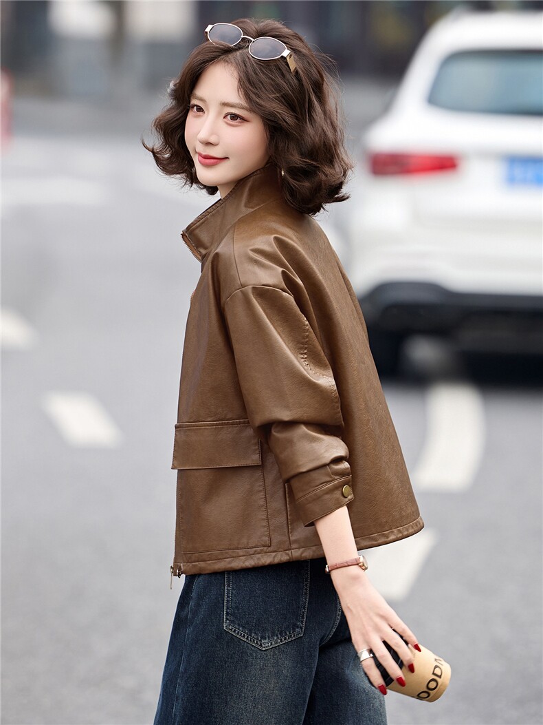 2026年春季新款现货潮流皮衣休闲外套气质时尚立领女装,女装皮衣,臻衣坊
