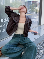 时尚复古新潮pu皮衣春秋季新款女装机车显瘦帅气翻领甜酷短外套女，女装短外套，意芙