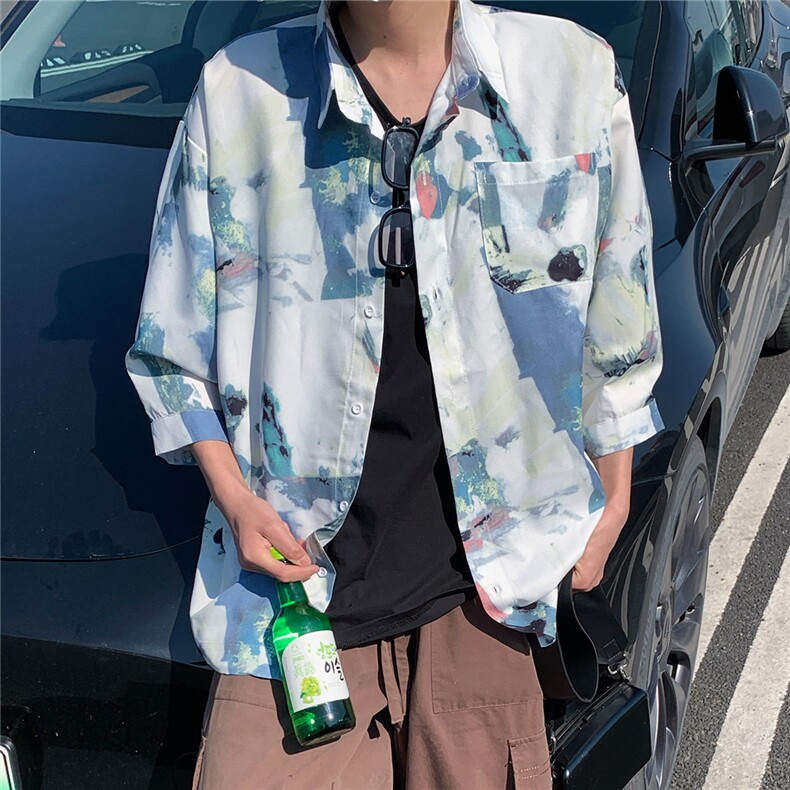 2026夏休闲水墨画冰丝凉感短袖五分袖半袖衬衫CS29/特P30浅蓝,男装T恤,电商A094