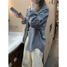 美拉德复古格子撞色长袖衬衫女2025年早春新款设计感小众宽松外套，男装衬衫，星座1210-1