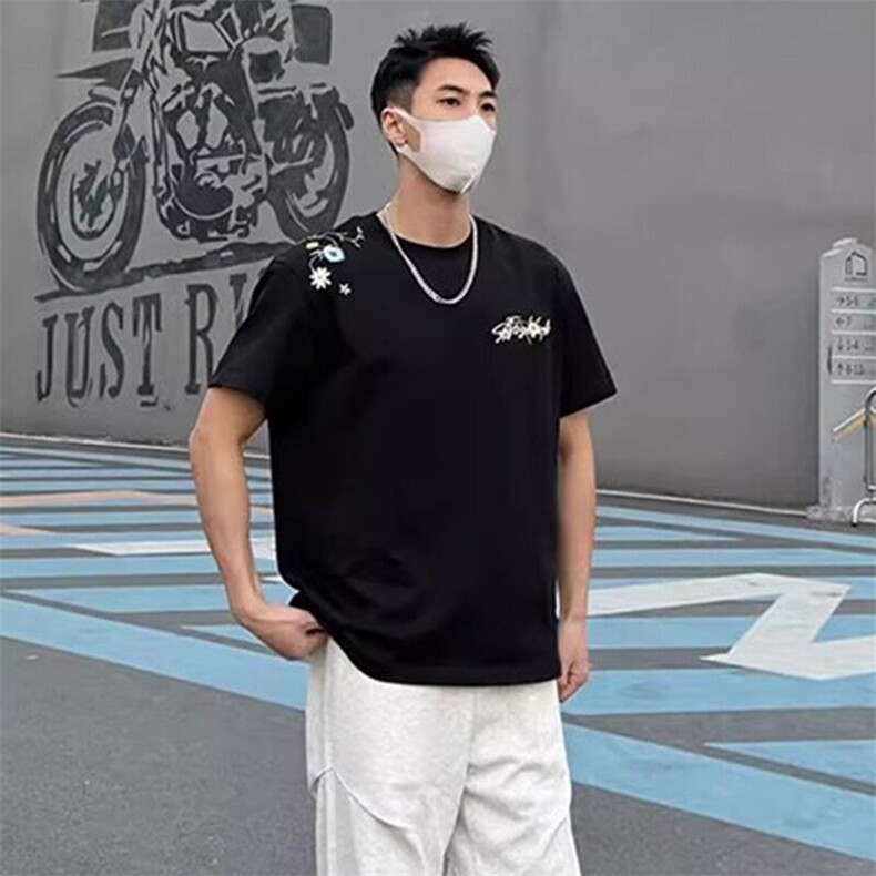 万针全刺绣工艺抖音得物高品质260克重磅纯棉双纱美式高街短袖T恤,男装T恤,电商A486