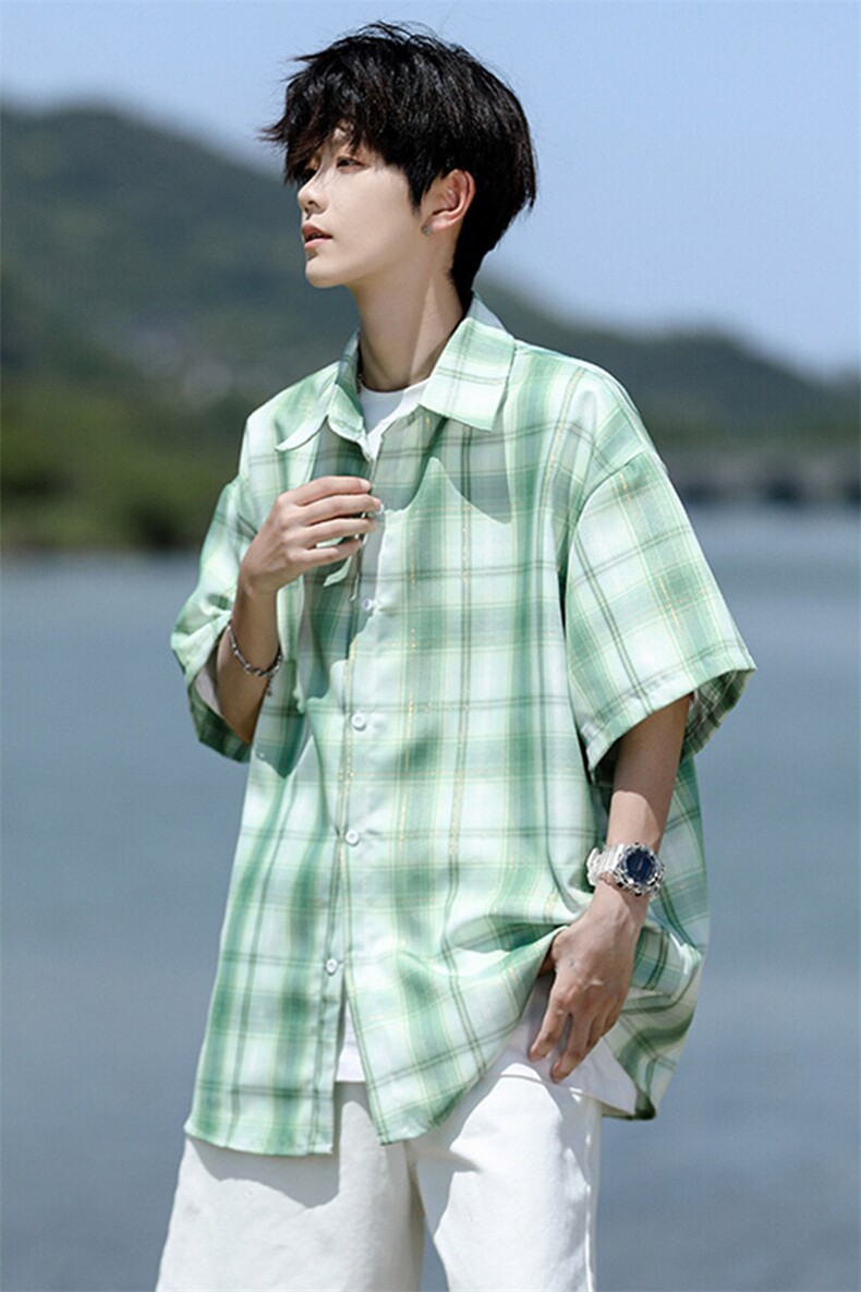 8XL-M格子短袖衬衫男夏季薄款DK制服衬衣JK学院风半袖外套DC28004,男装衬衫,电商B312