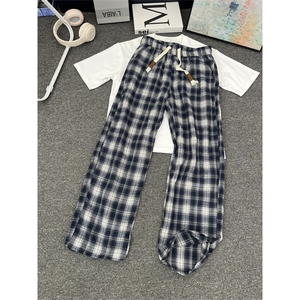 网图有货 夏季藏青色格子休闲裤男薄款慵懒宽松阔腿裤女 A682-P32图片