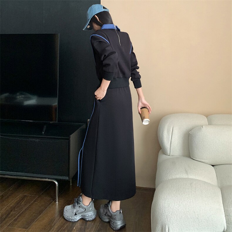 女春季撞色拼接收腰卫衣开叉半身裙两件套,女装套装/套裙,江南