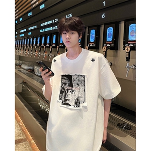 8XL-M 美式街头风白色贴布男女情侣上衣短袖T恤半截袖DX330P48图片