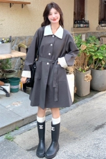2025秋季新款美拉德复古棕色皮衣外套女韩系简约风中长款pu皮外套，女装风衣，浙宝191（原浙宝008）