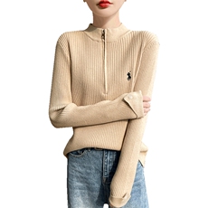 时尚女士秋冬安迪绒半高领拉链马标上衣显瘦百搭长袖针织衫，女装卫衣/绒衫，圣丽羊绒